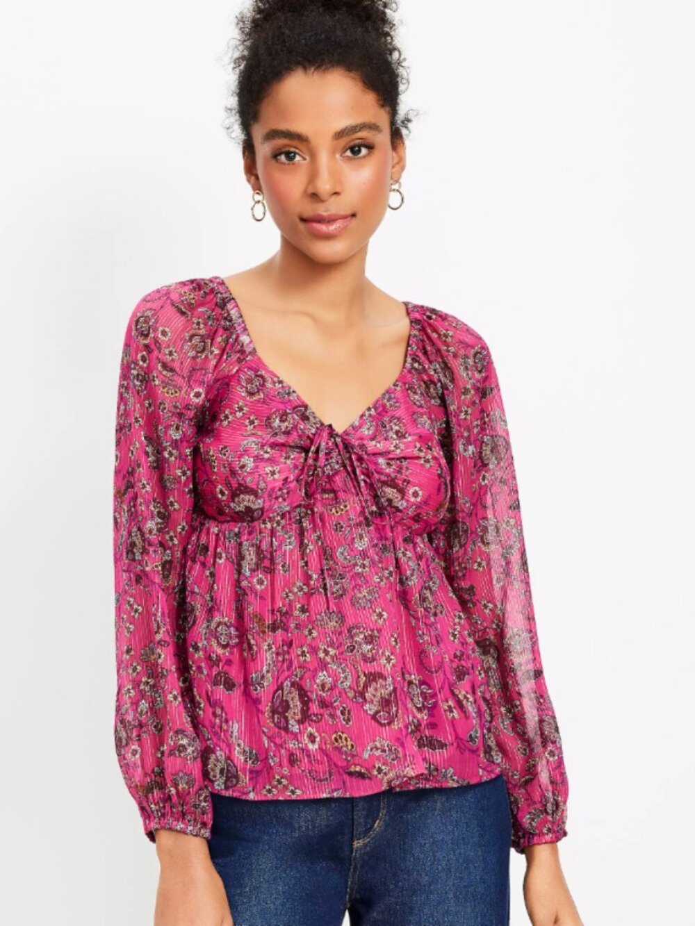 Loft Long Sleeve Floral Pink Peasant Blouse Sweetheart Neckline Size 4 Petite